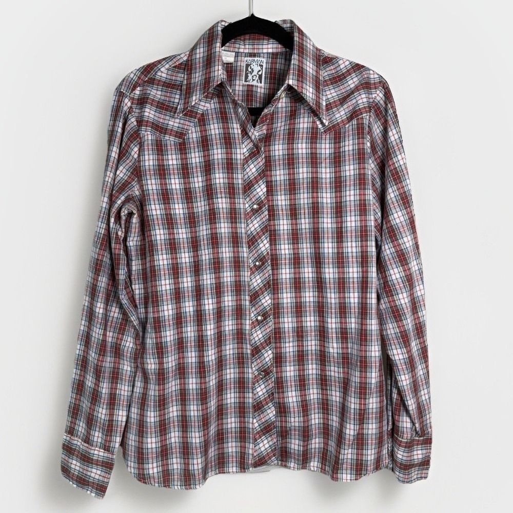 Vintage Karman Mens 40 Western Pearl Snap Shirt Plaid Red White Blue Made in USA